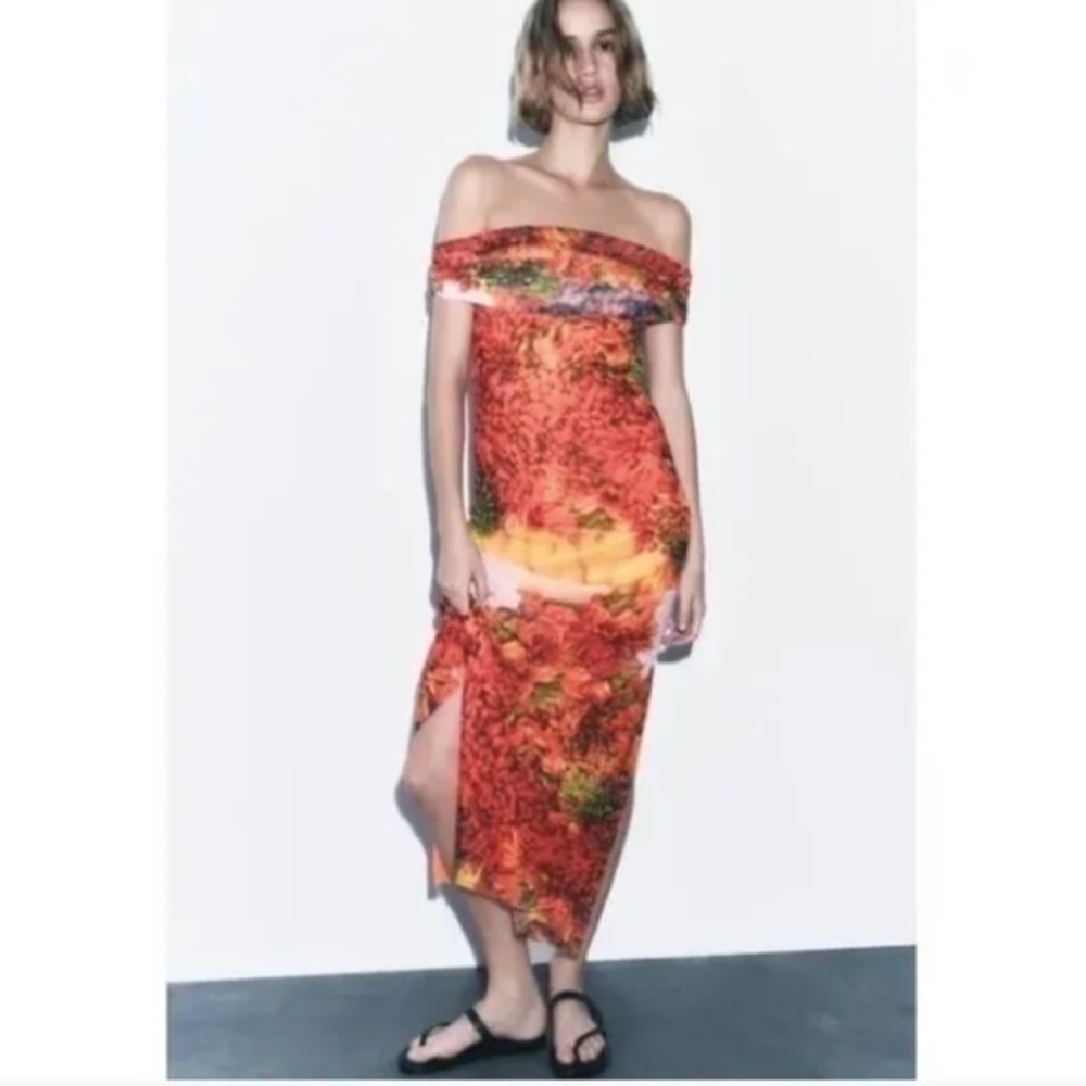 Zara Chile Pepper Print Mesh Off The Shoulder Sexy Pencil Midi Dress Nwt S